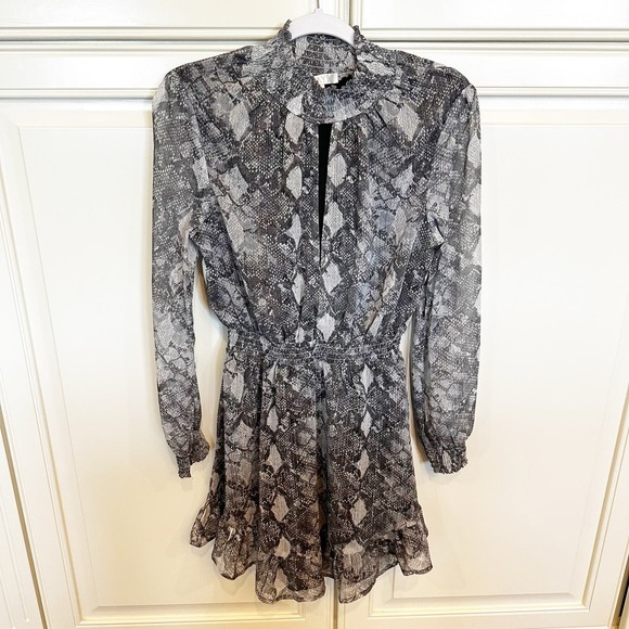 Wayf Revolve Women’s Snake Print Chiffon Keyhole Metallic Ruffle Mini Dress - Picture 2 of 13